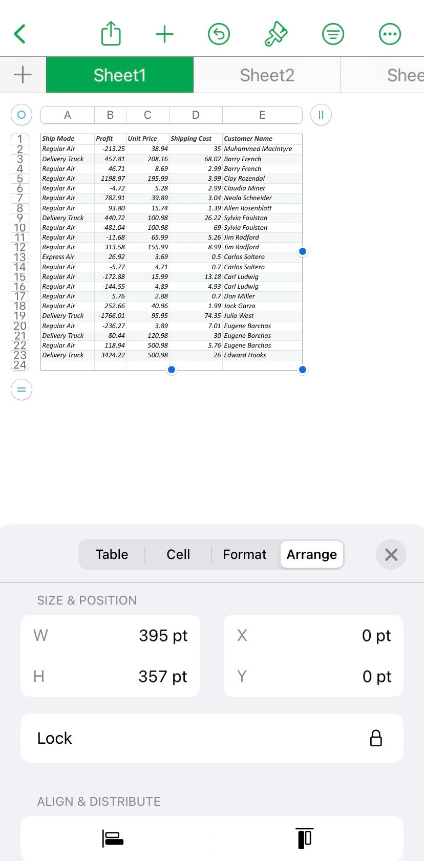 Кнопка блокировки таблицы в Numbers на iPad