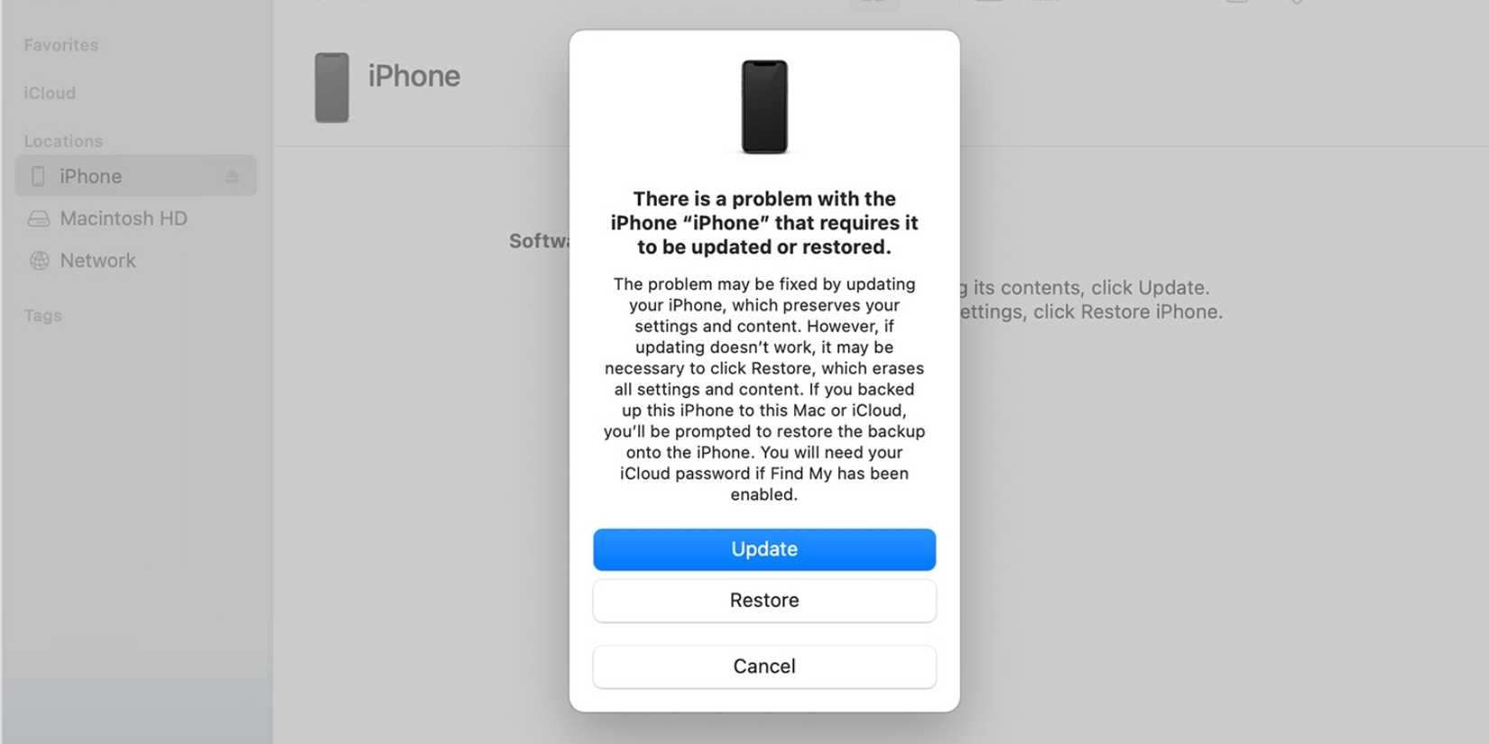 Окно с обнаружением iPhone в режиме восстановления на Mac
