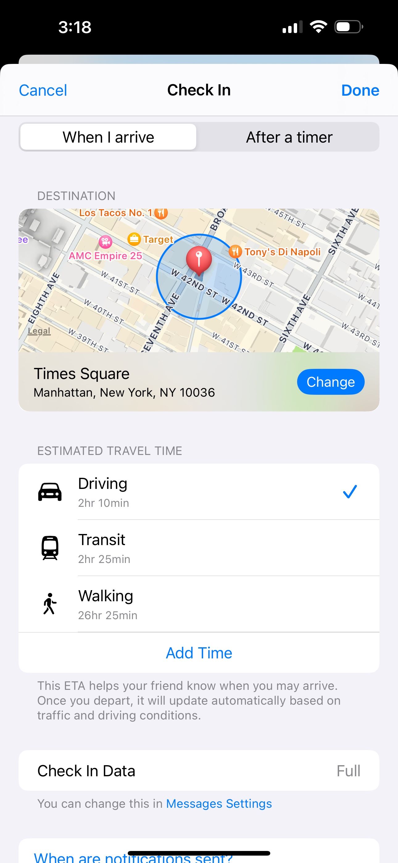 Опция Прибыть: выбор транспорта и ETA в Messages iOS 17