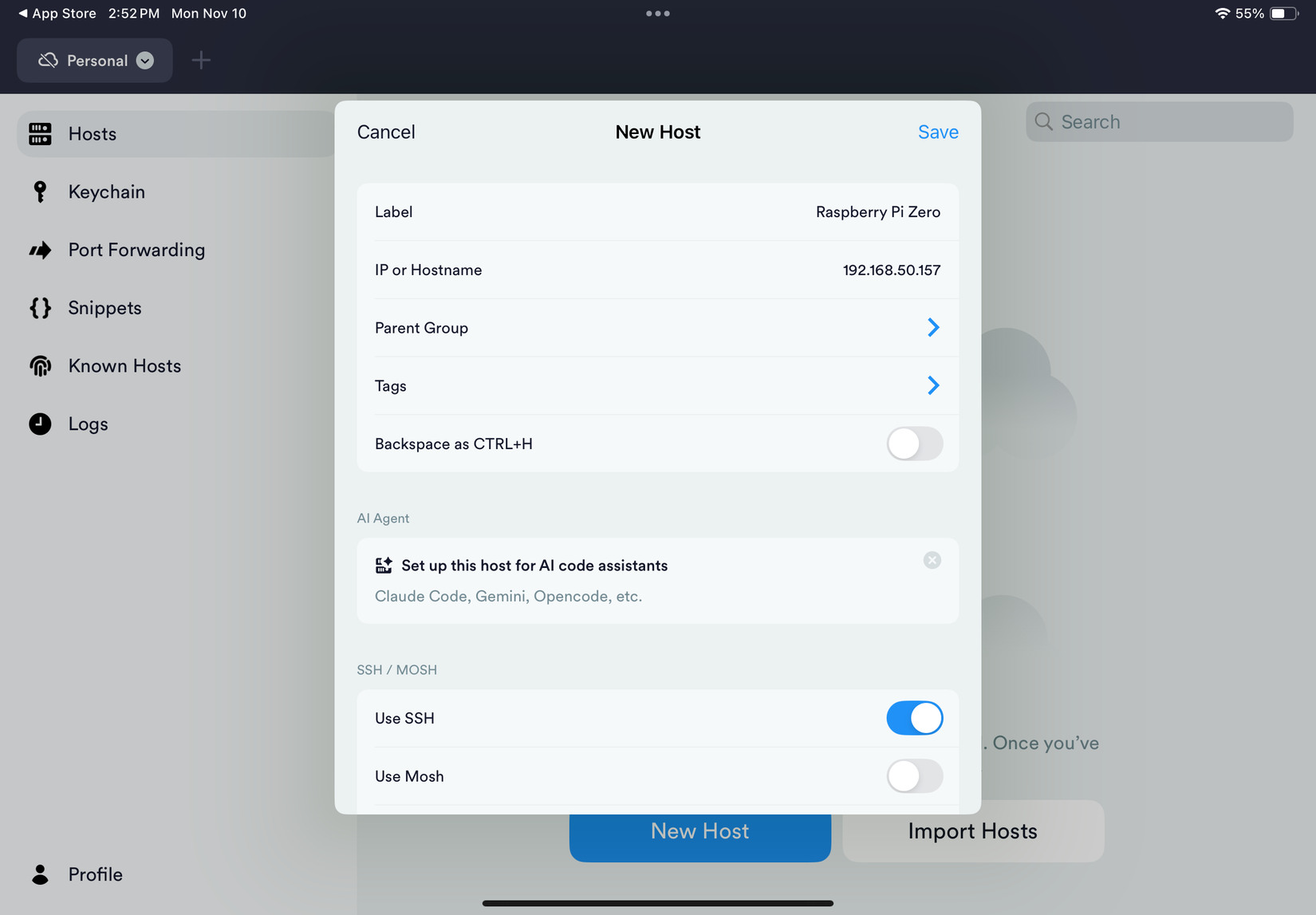 Добавление SSH‑сервера на iPad