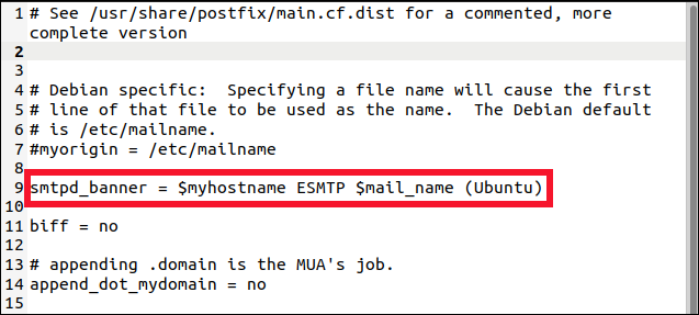 Редактирование main.cf в gedit, строка smtp_banner выделена