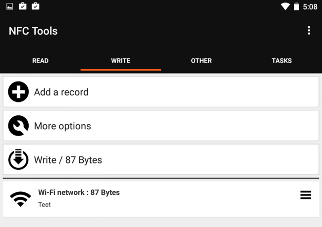 Экран приложения для записи NFC-метки, выбор типа действия и запись