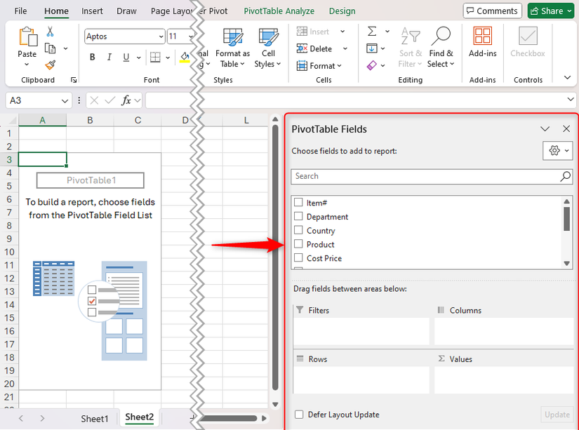 Панель полей сводной таблицы в Excel: раздел полей с несколькими неотмеченными элементами.