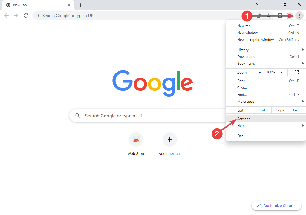 Меню Chrome: кнопка с тремя точками и пункт 'Настройки'