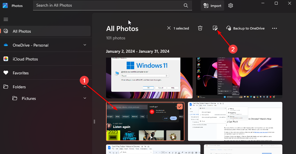 Иконка кнопки «Edit image» в верхнем меню приложения «Фотографии»