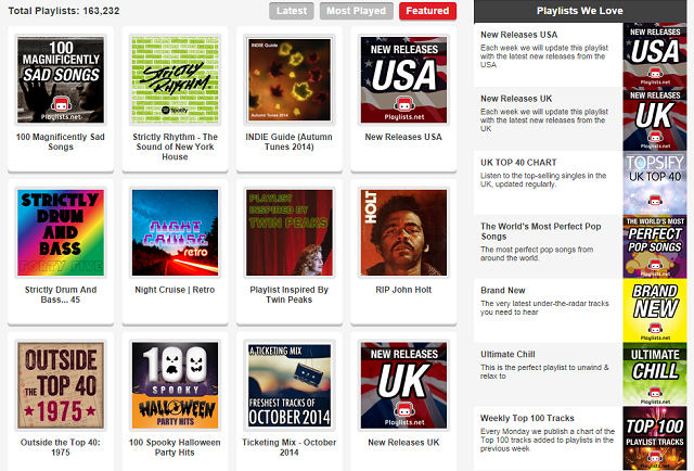 Главная страница Playlists.net с примерами плейлистов
