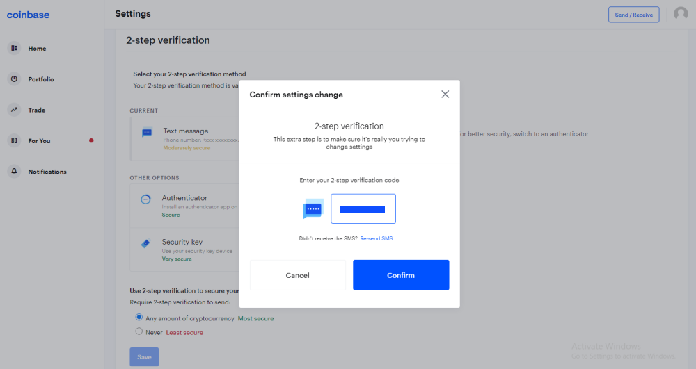 Ввод 7-значного кода и подтверждение в Coinbase