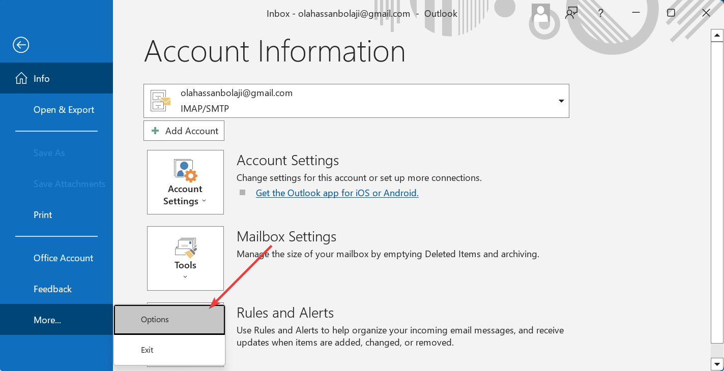Параметры Outlook
