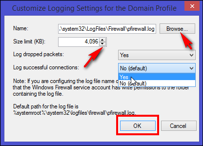 Параметры логирования: путь, размер и типы записей