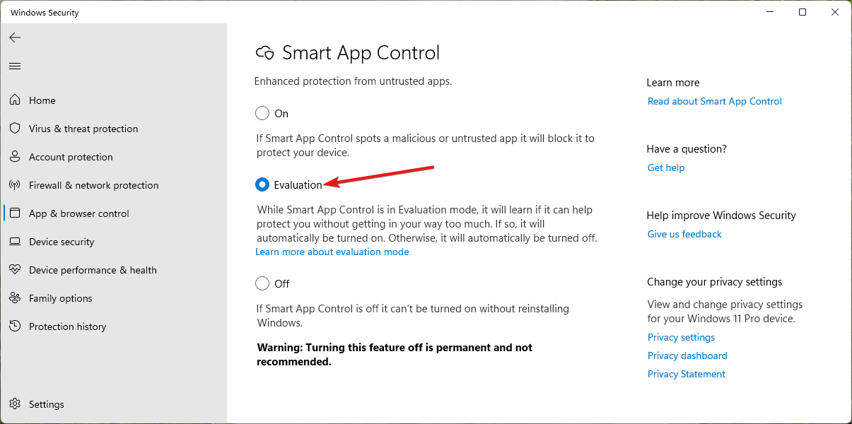 Режим Evaluation для Smart App Control