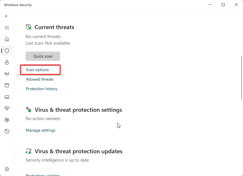 Кнопка Параметры проверки в интерфейсе Защита от вирусов и угроз