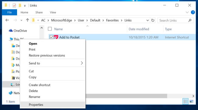 Окно свойств файла избранного в Проводнике