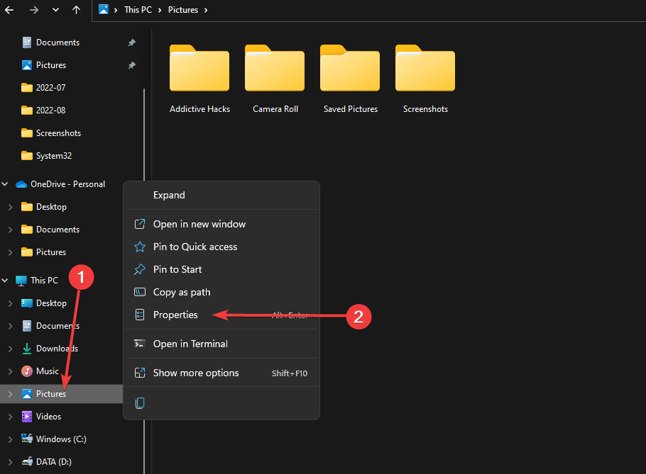 Свойства папки, вкладка Расположение