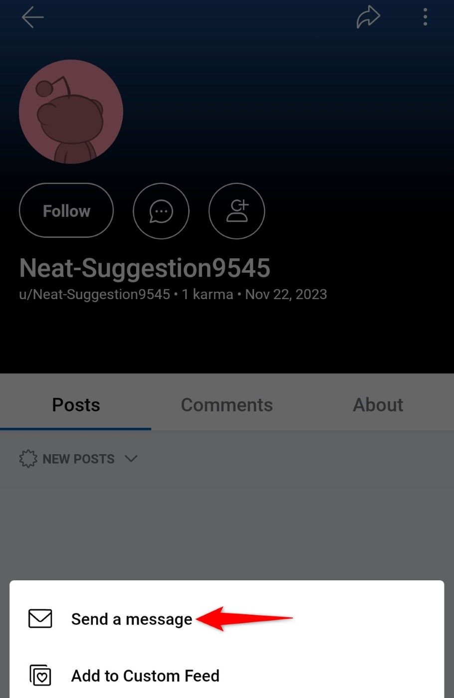 'Отправить сообщение' выделено на странице профиля пользователя в мобильном приложении Reddit.