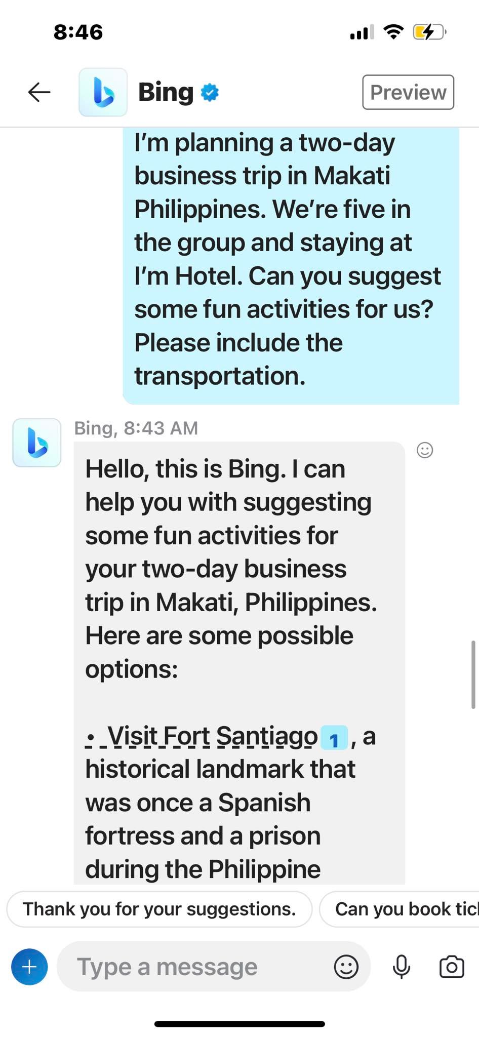 Asking Bing Chat on Skype to Plan a Business Trip to Makati Philippines
