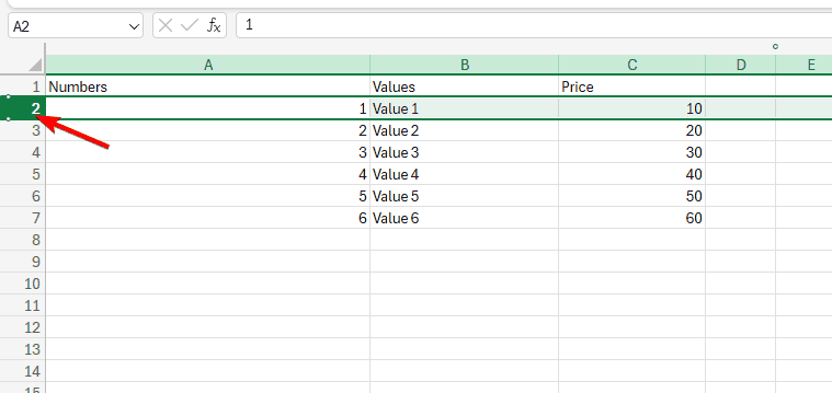 Выделение строки 2 в Excel