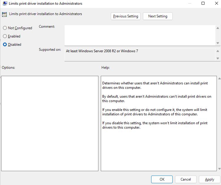 Параметры принтера в Редакторе групповой политики
