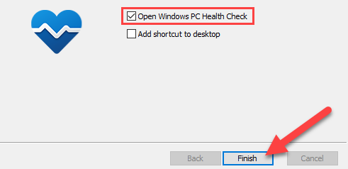 Отметьте «Open Windows PC Health Check» и нажмите «Finish».