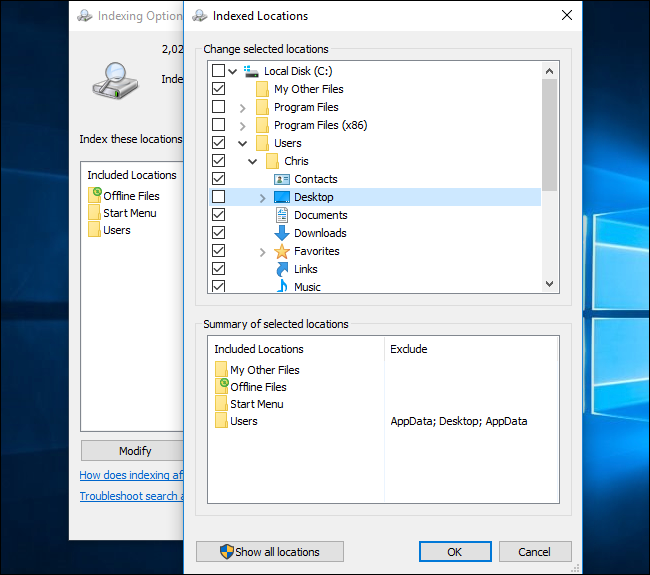 Окно Опций индексирования с кнопкой Изменить для добавления или исключения папок