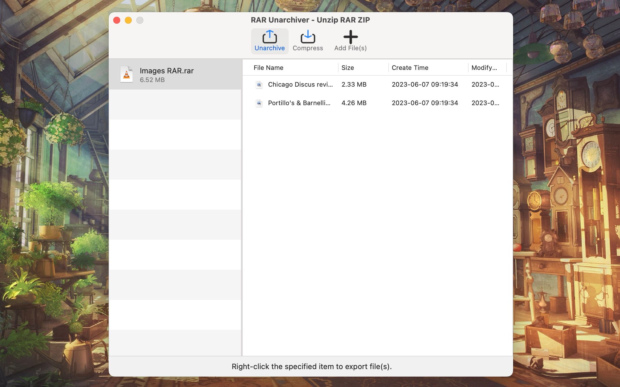 Окно RAR Unarchiver с содержимым архива