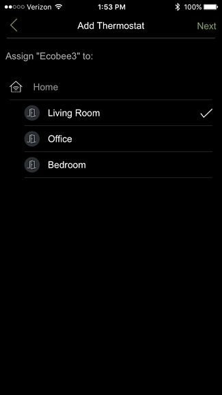 Выбор комнаты HomeKit для термостата в приложении Ecobee.