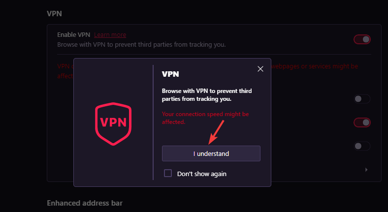 Подтверждение соглашения о VPN — «Я понимаю»