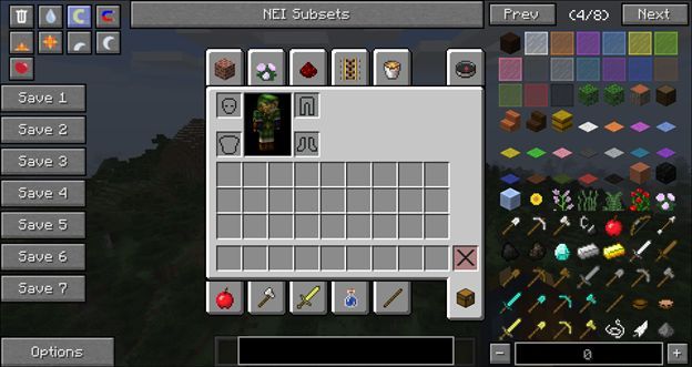 Интерфейс NEI с поиском предметов и панелью управления режимами