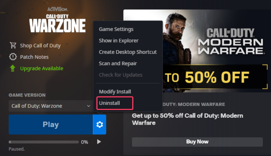 The Uninstall option 