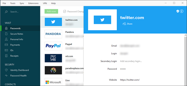 Окно менеджера паролей Dashlane
