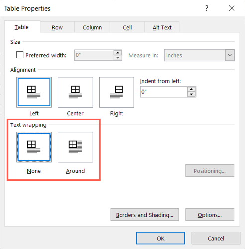 Параметры обтекания текста для таблицы