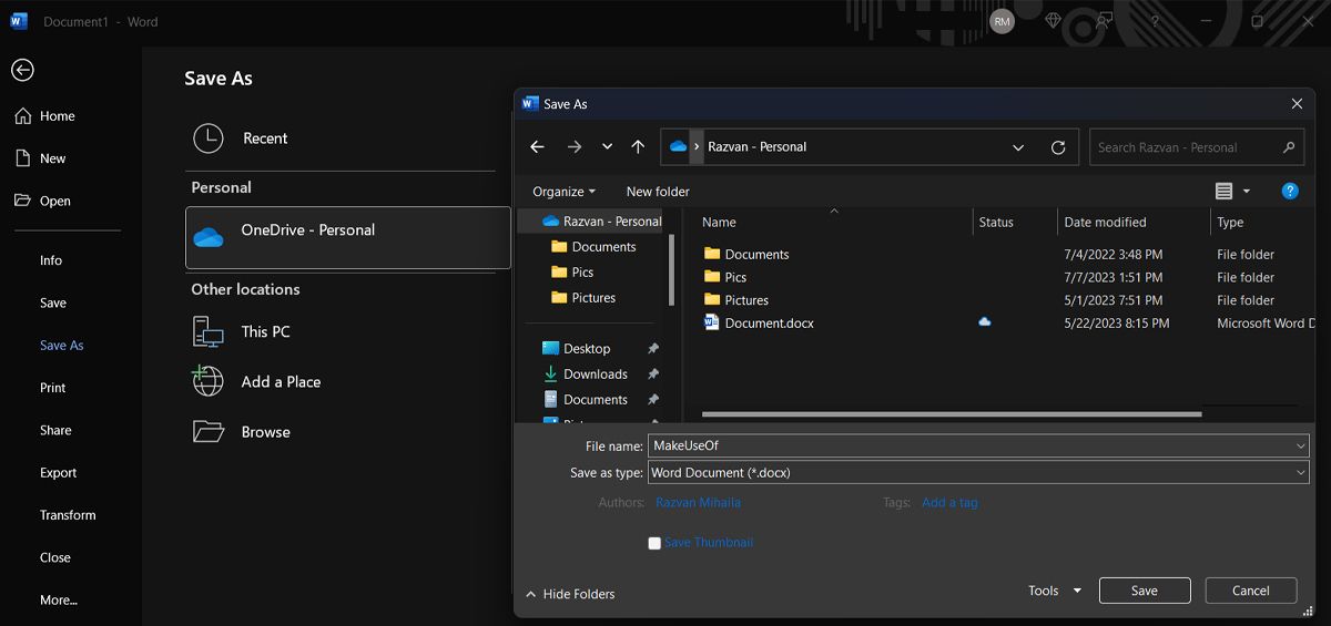 Сохранить документ Word на OneDrive