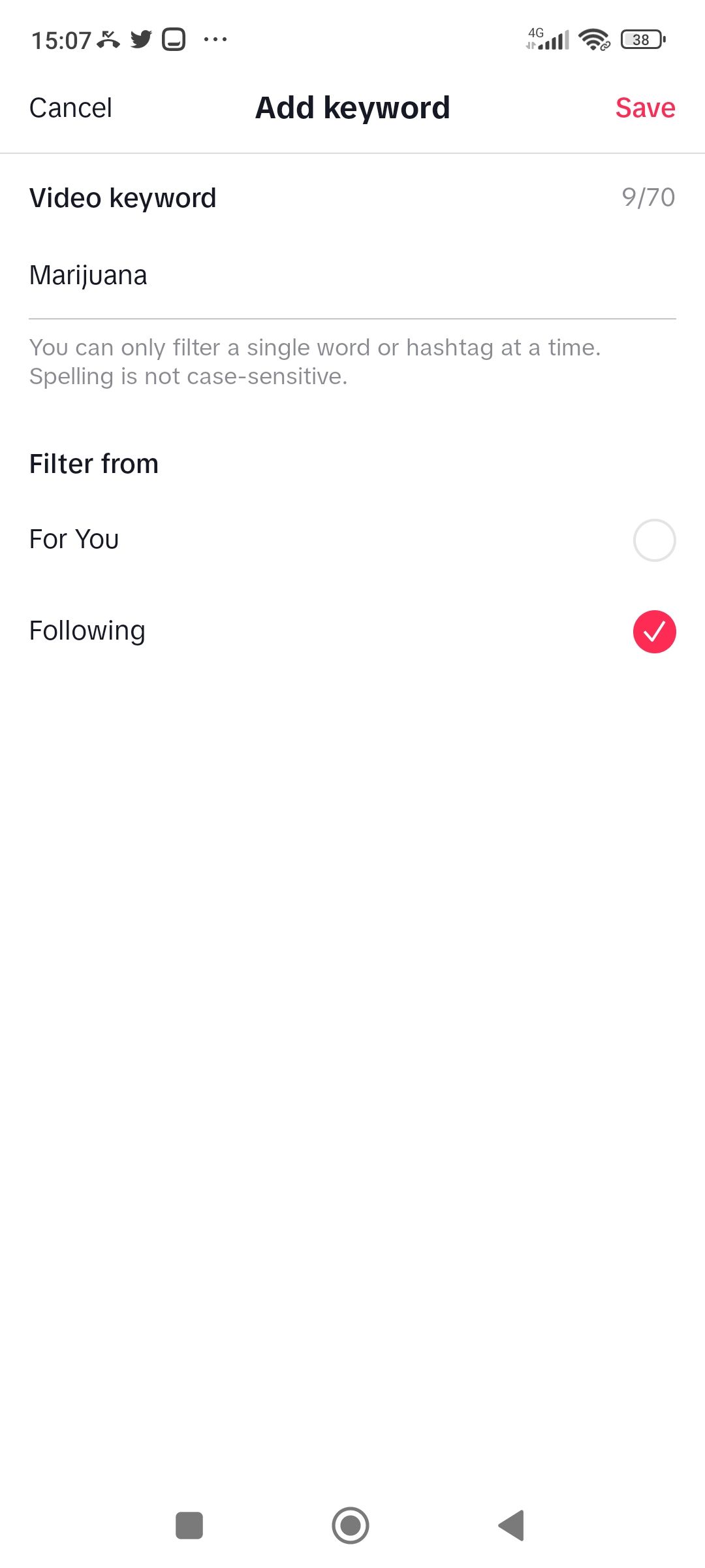 Скриншот сохранения отфильтрованного ключевого слова в TikTok