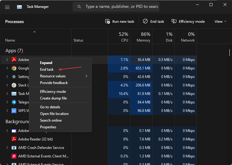 Список процессов в Диспетчере задач с отмеченным Adobe Reader