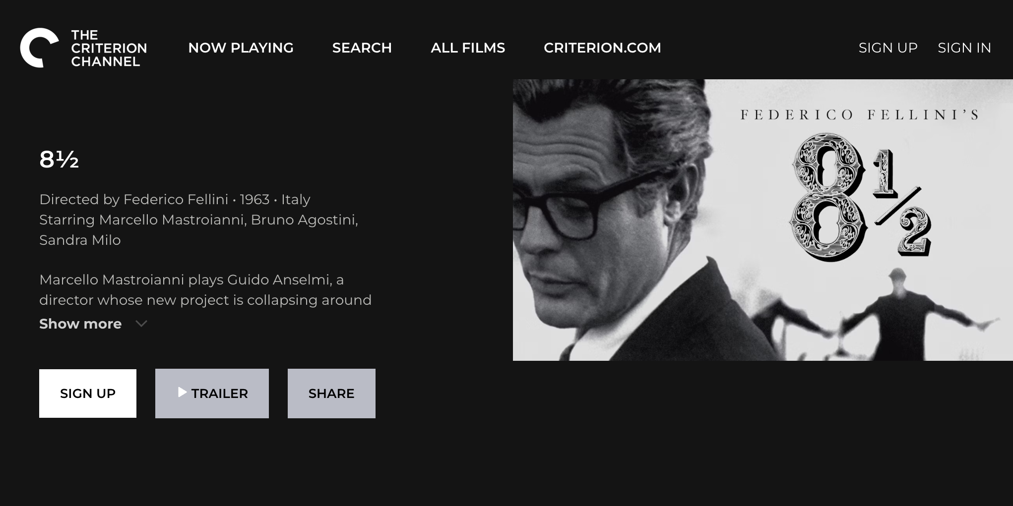 Приложение The Criterion Channel показывает классический фильм Феллини 1960-х годов.