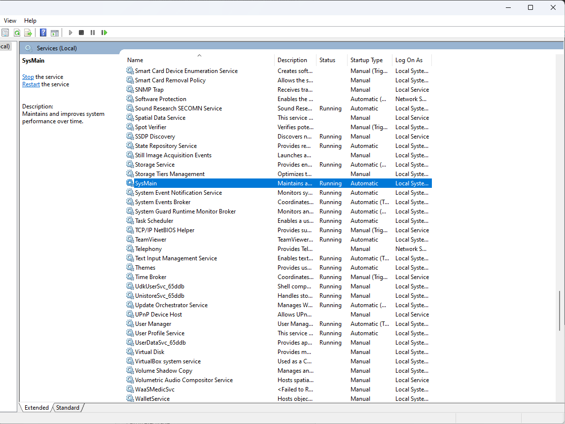 Свойства службы SysMain в Windows