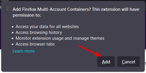 Подтверждение добавления расширения в Firefox
