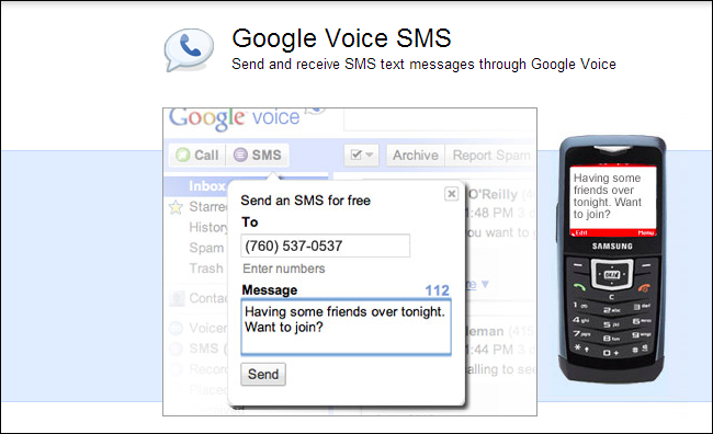 Интерфейс Google Voice с сообщением и списком контактов