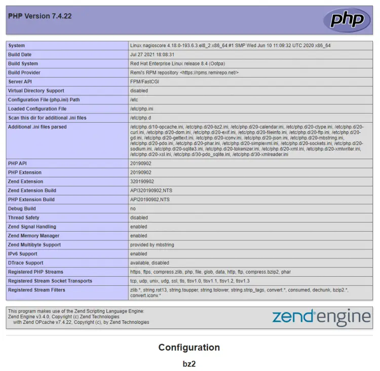 Страница конфигурации PHP с phpinfo