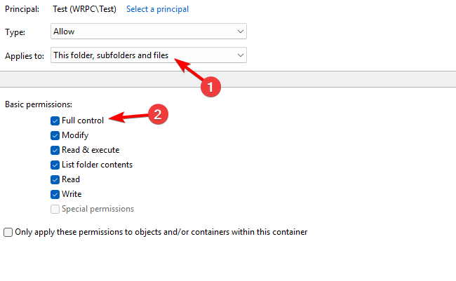 Установка полного доступа для выбранного субъекта