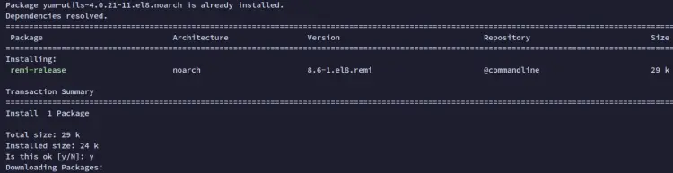 Добавление REMI репозитория — вывод терминала
