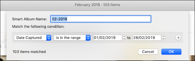 Пример умного альбома с диапазоном дат