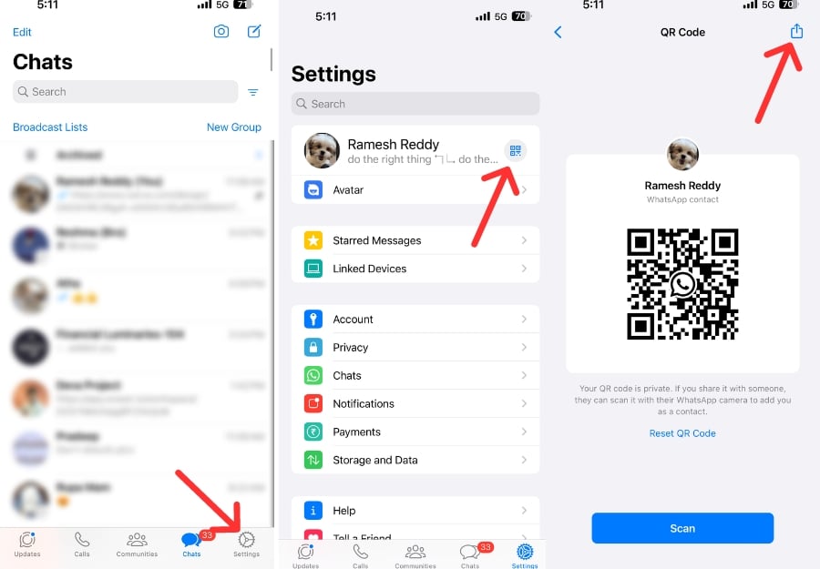 Экран iPhone с опцией QR‑кода в настройках WhatsApp