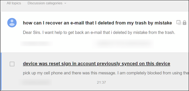 Список последних вопросов на форуме помощи Gmail