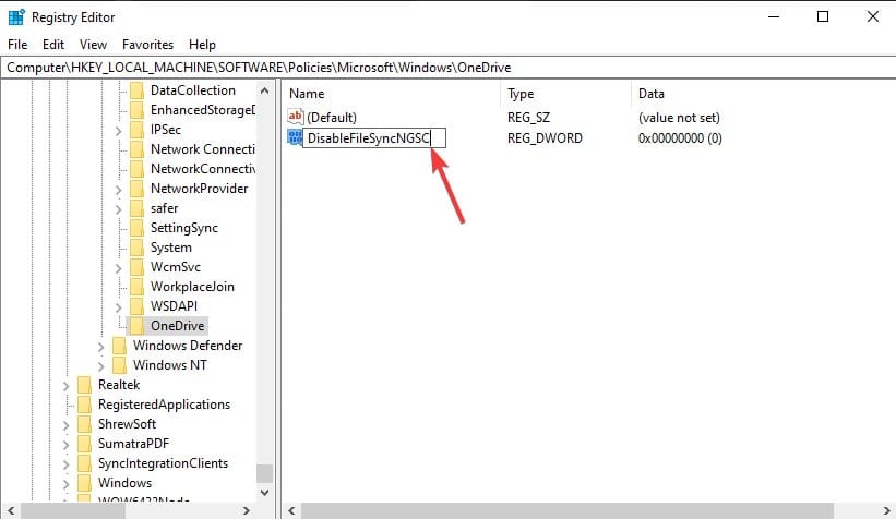 Definir valor DisableFileSyncNGSC para 1