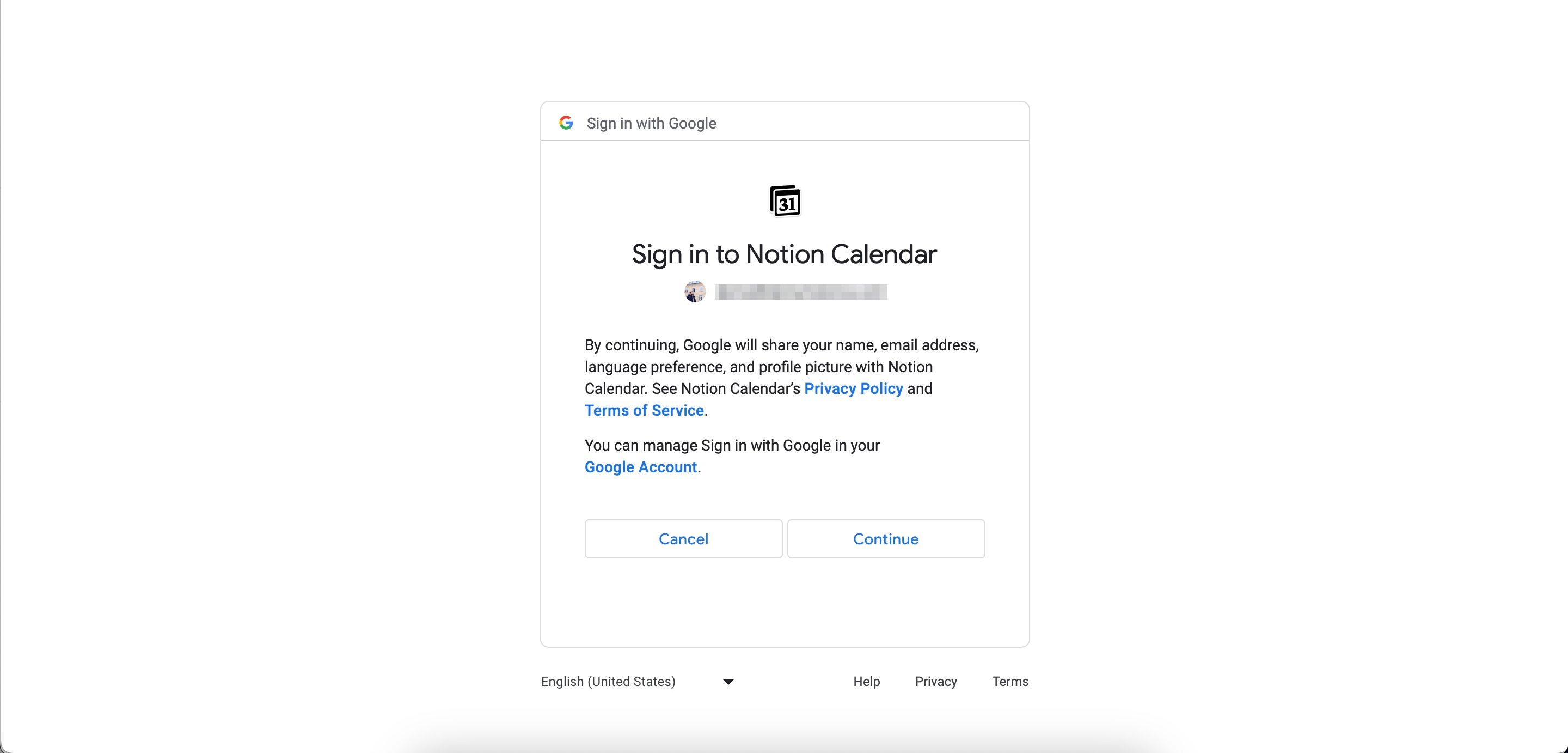 Вход в Google для интеграции с Notion Calendar