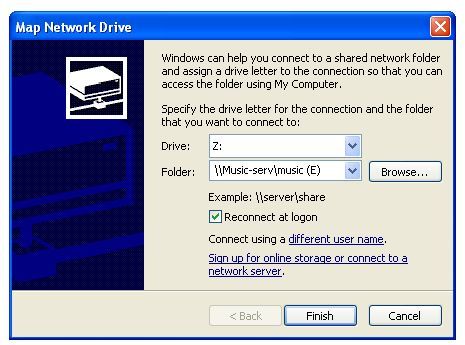 Диалог подключения сетевого диска — выбор общей папки