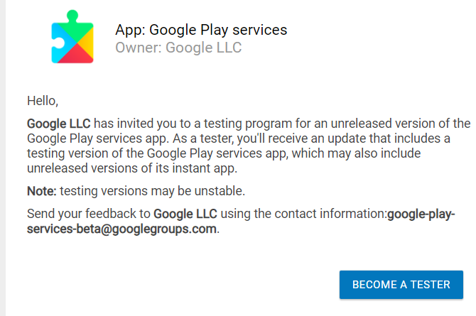 Станьте тестировщиком Google Play services — страница подписки на бета