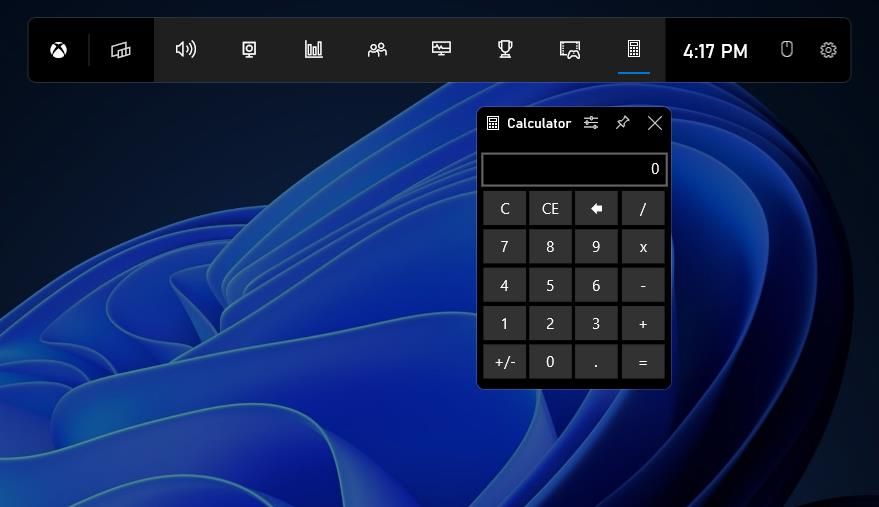 Виджет калькулятора Game Bar с базовыми операциями