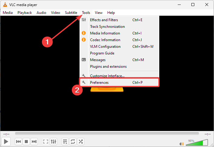 Настройки VLC: меню «Инструменты» → «Настройки»
