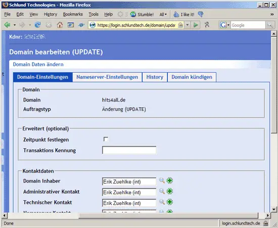 Вкладка настроек домена hits4all.de